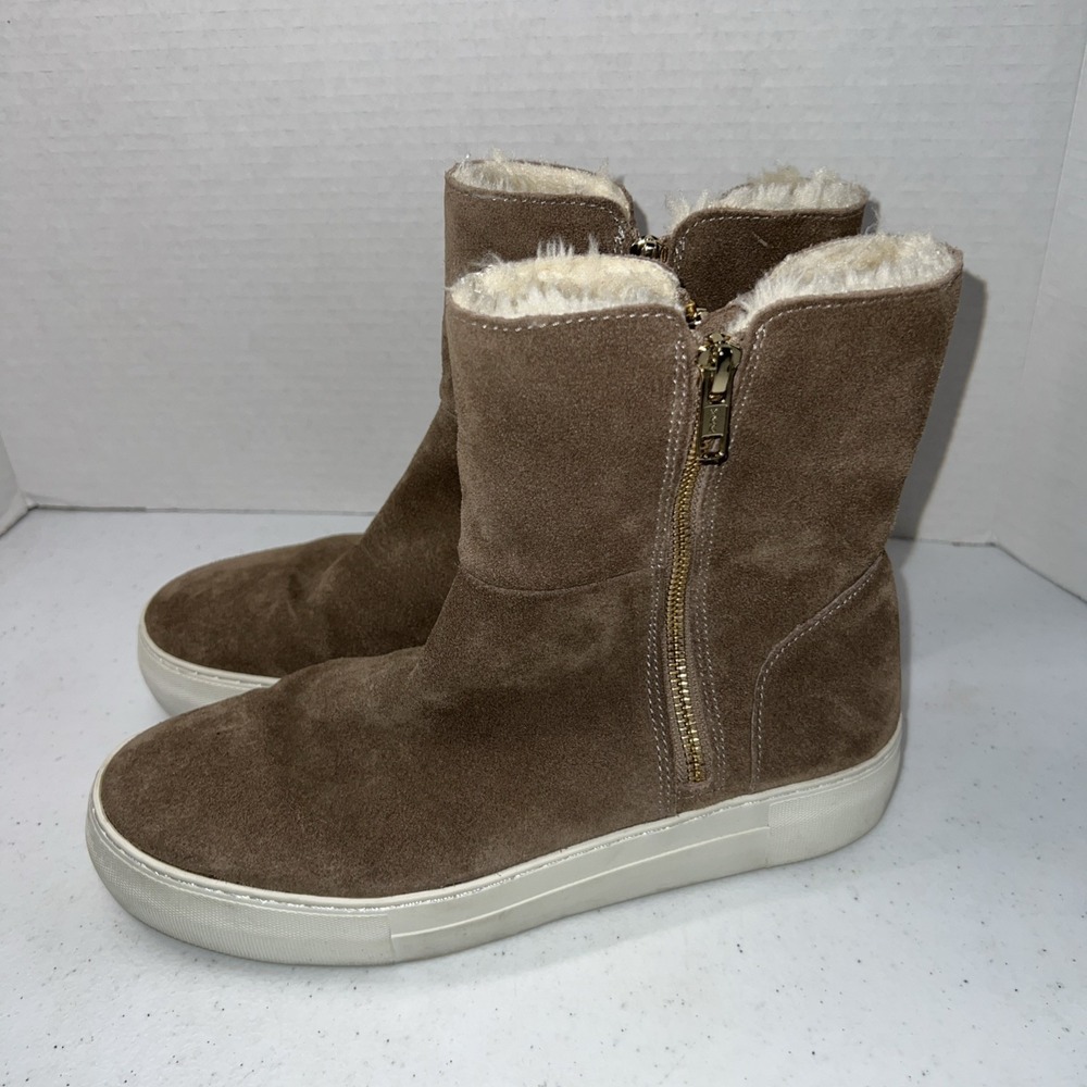 J/Slides NYC Women's Boots Size 8.5 Brown Taupe Suede Zipper Side Faux Fur Lined